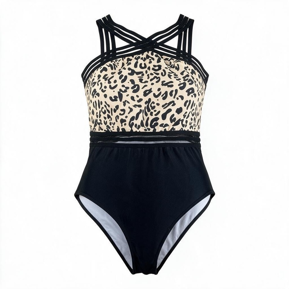 Leopard Print Mesh High Neck Strappy One Piece Swimsuit Black Tan Large
